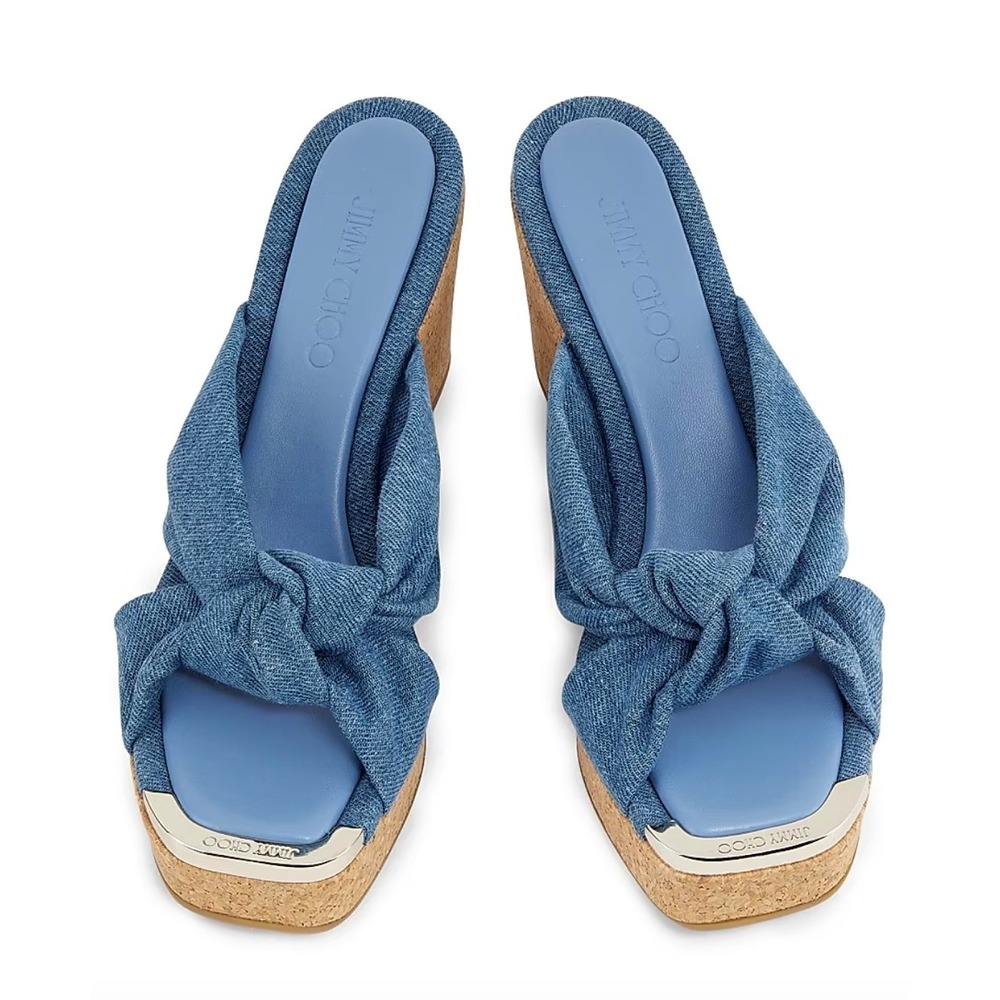 Jimmy Choo Avenue 110 Denim Wedge Sandals Knotted Upper 37 - Picture 3 of 16